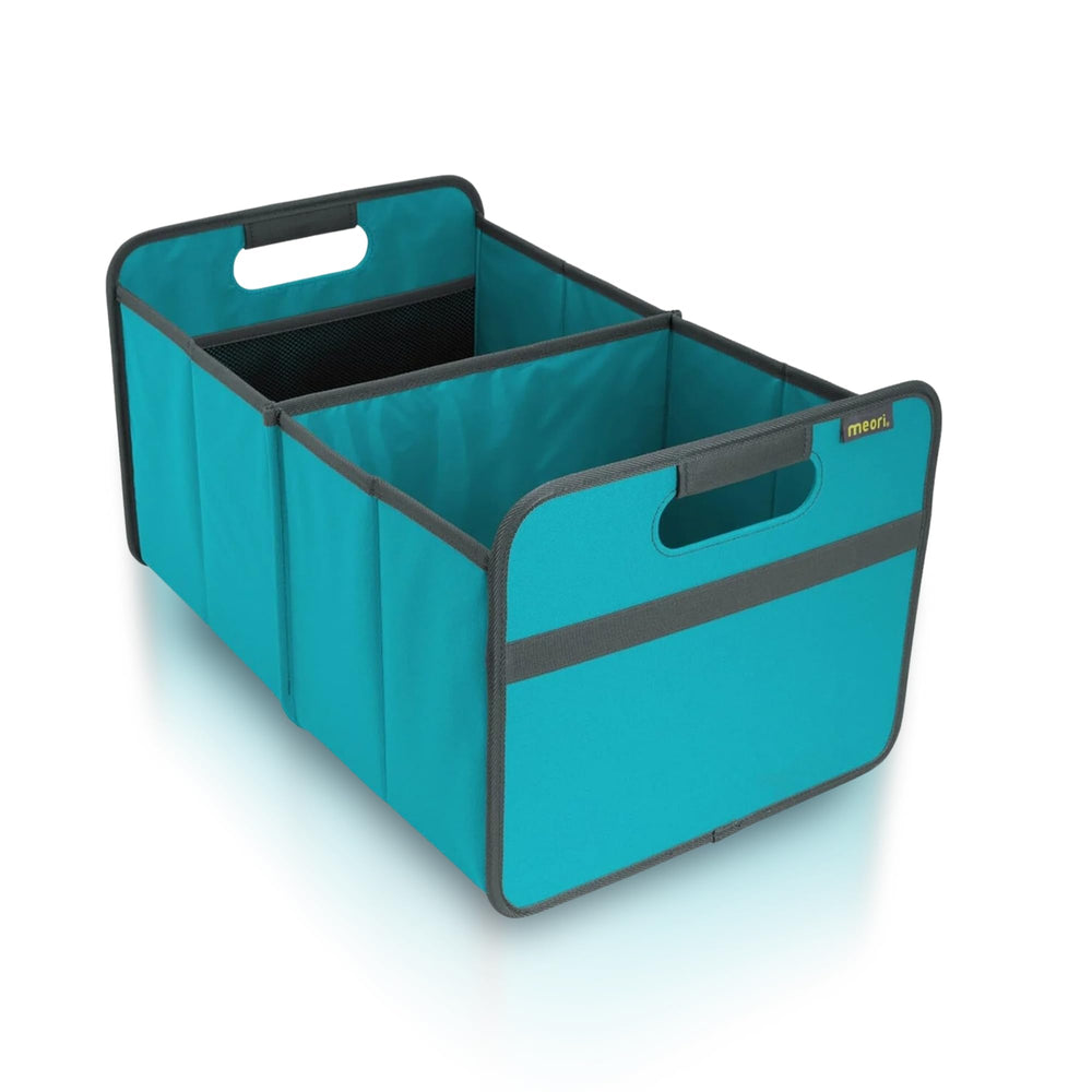 Meori large trunk organizer in azure blue with two compartments for groceries and gear.