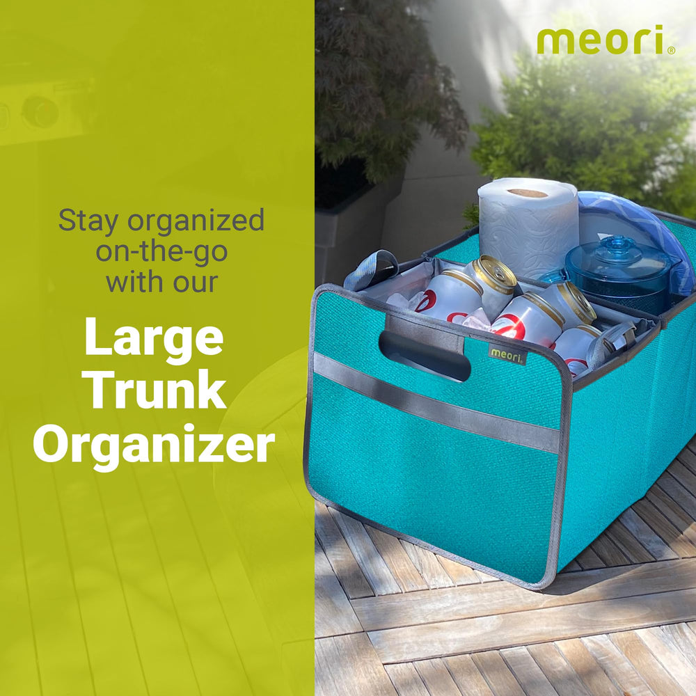 Meori trunk organizer collapsed state demonstrates space-saving design.