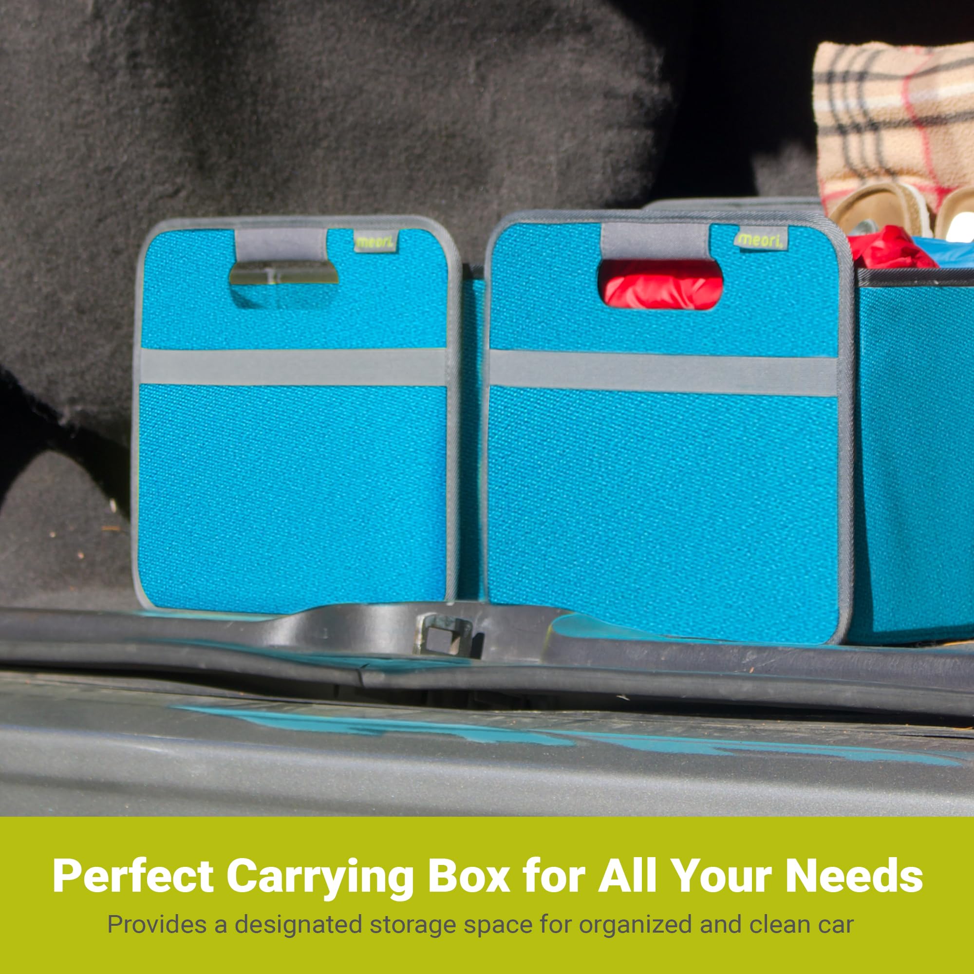 Meori trunk organizer loaded with groceries and gear during a road trip.