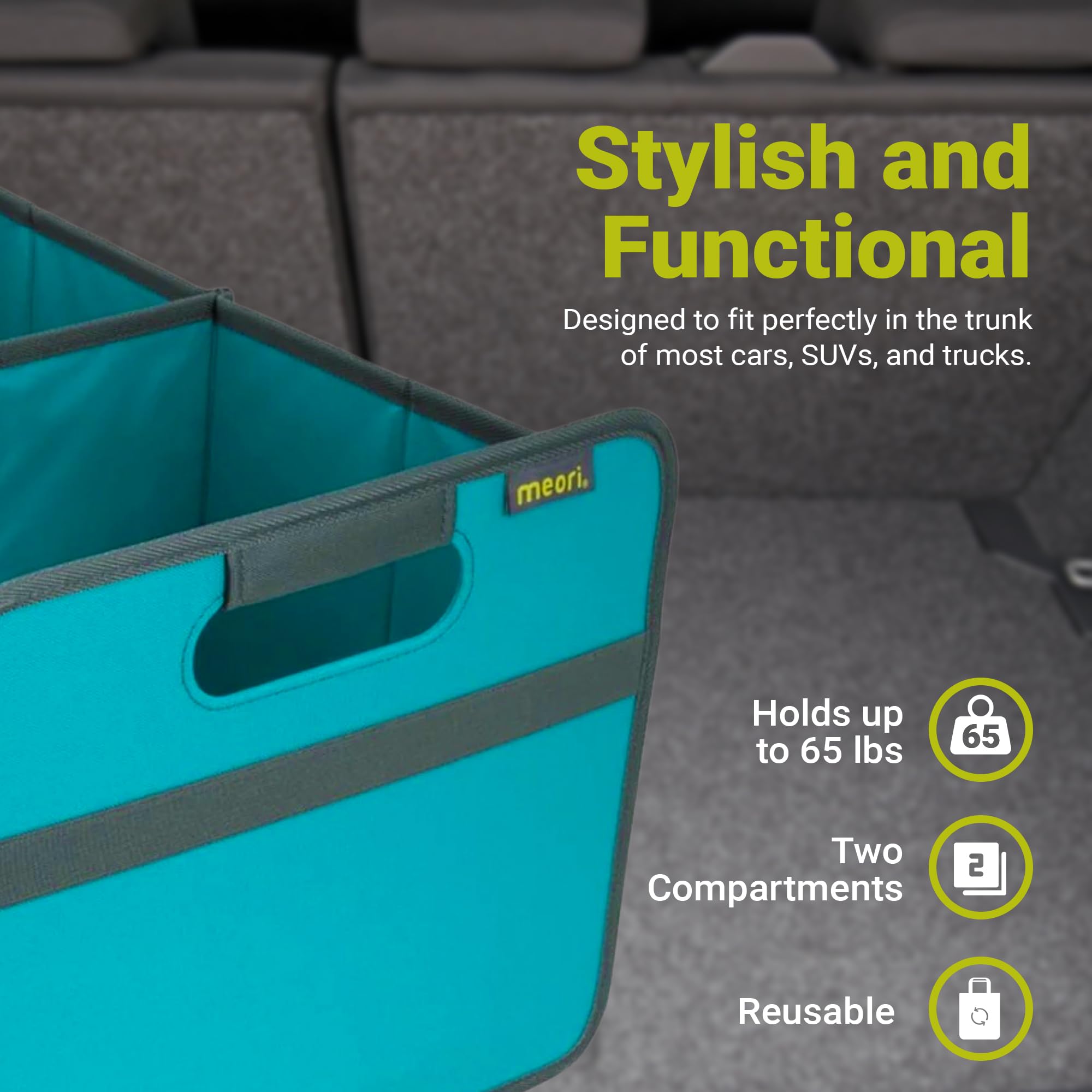 Meori trunk organizer open with two compartments and mesh pockets for easy access.