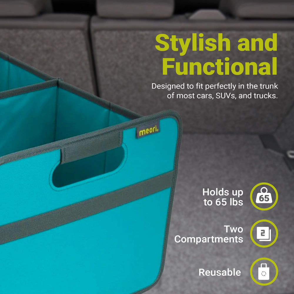 Meori trunk organizer open with two compartments and mesh pockets for easy access.