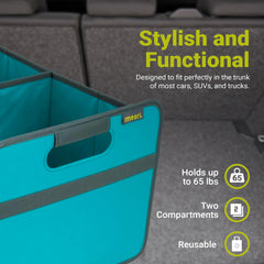 Meori trunk organizer open with two compartments and mesh pockets for easy access.