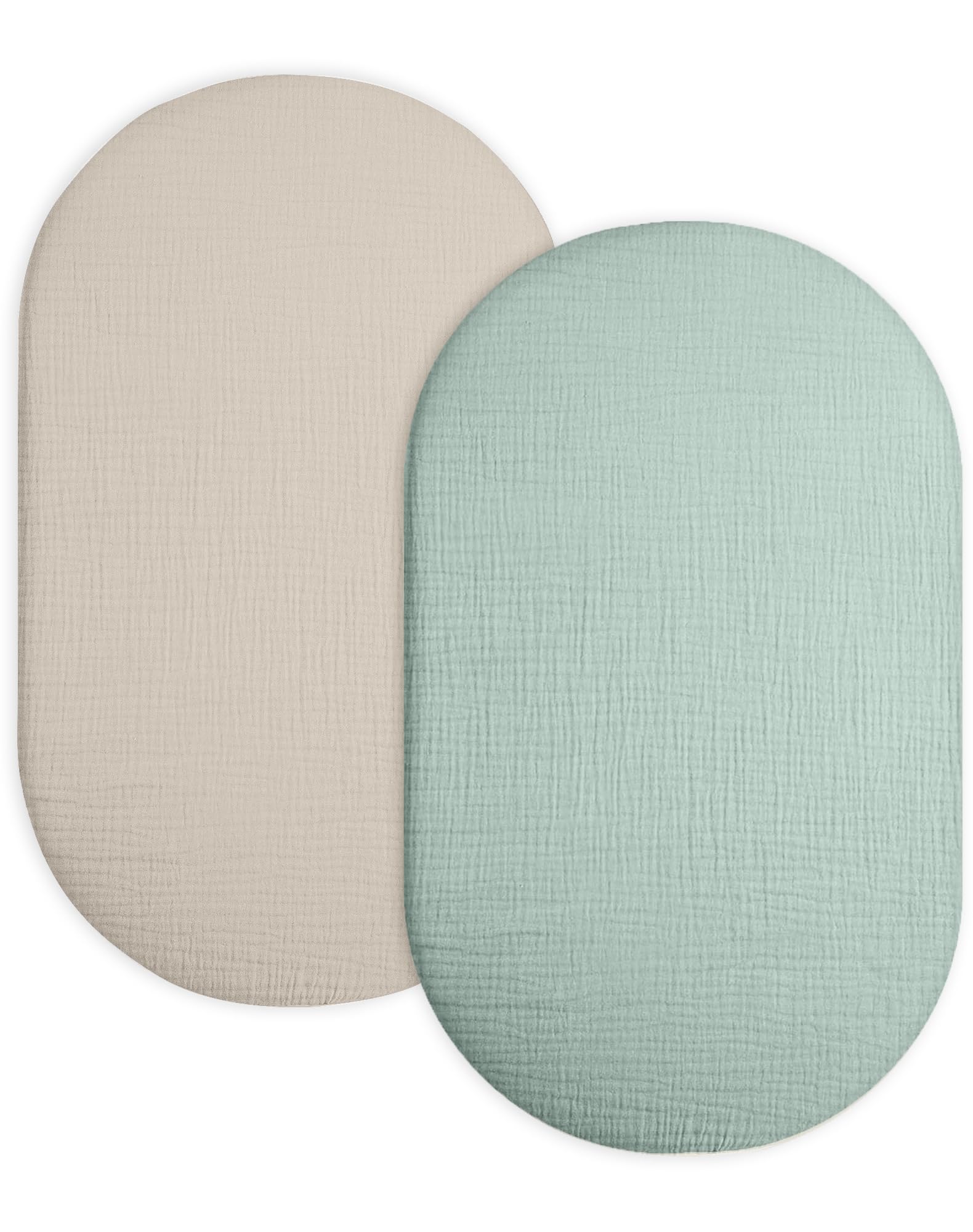 Meowcards bassinet sheet beige-sage rectangle; snug fit for a cozy sleeping surface.