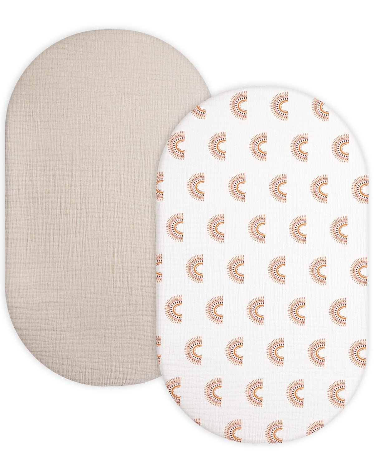 Meowcards bassinet sheet beige muslin closeup showing soft, breathable fabric.