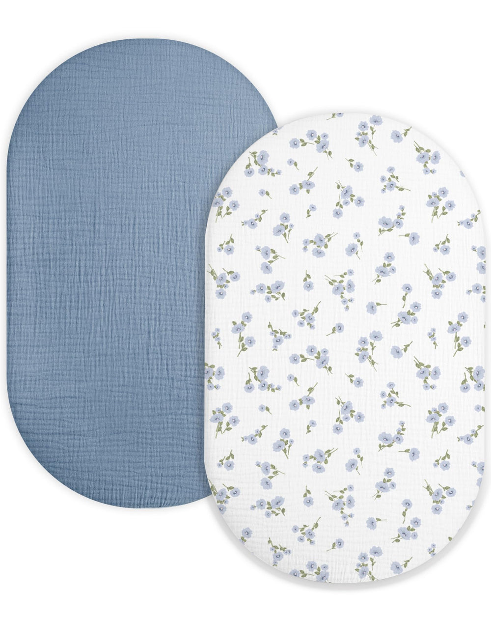 Meowcards bassinet sheet Bluebell Bloom shows soft, breathable muslin for safe sleep.