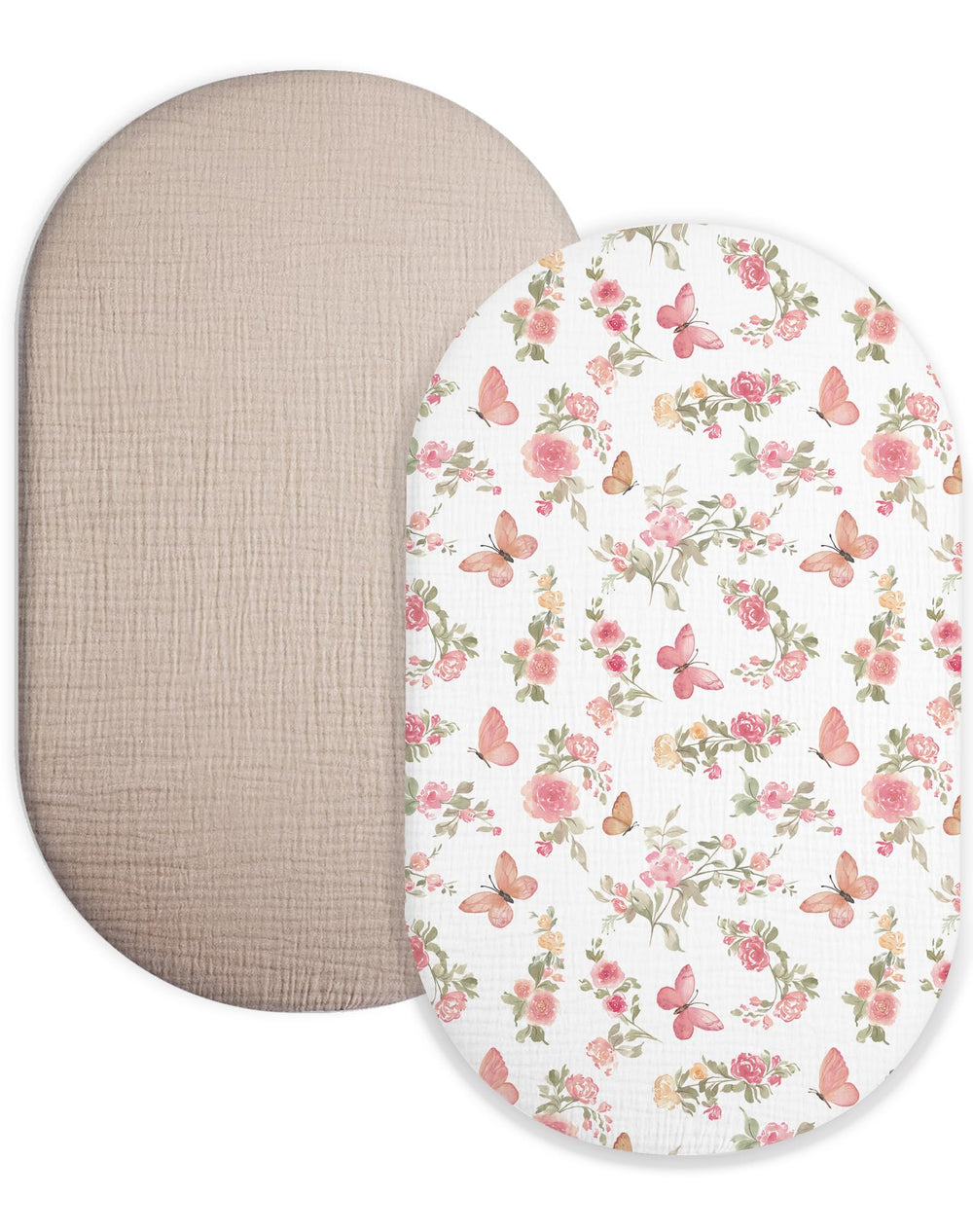 Meowcards bassinet sheet with butterfly beige pattern offering soft, breathable comfort for naps