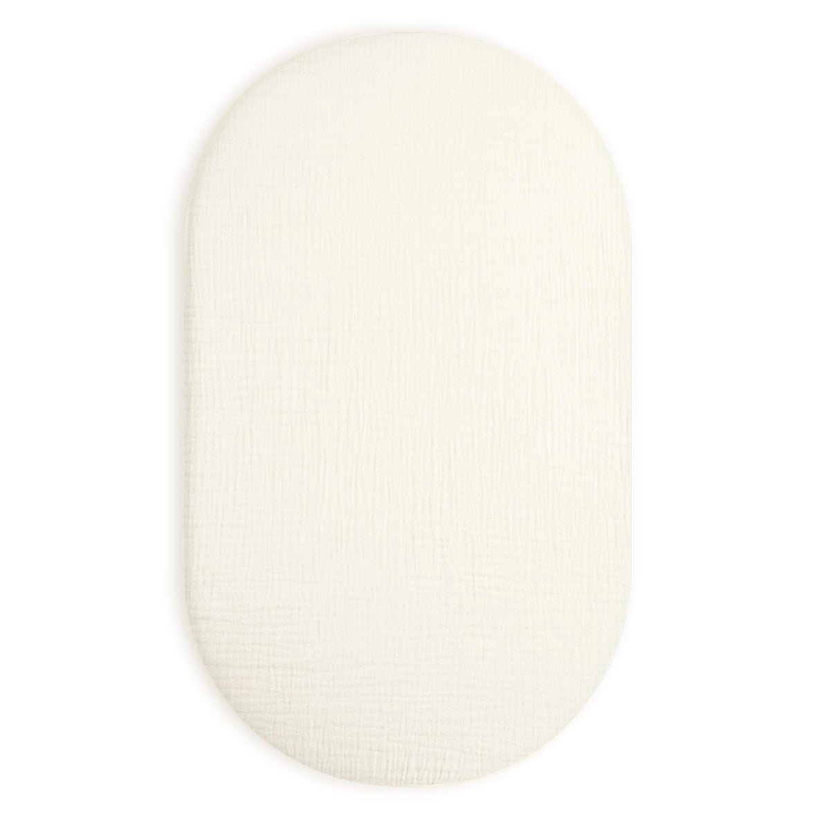 Meowcards bassinet sheet cream muslin texture close-up for breathable baby sleep
