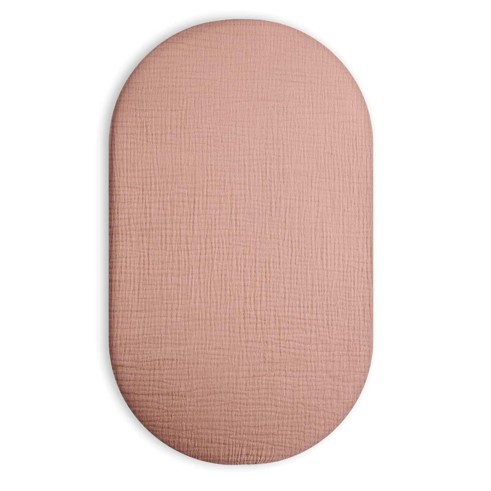 Meowcards bassinet sheet muslin dusty rose rectangle closeup for gentle sleep