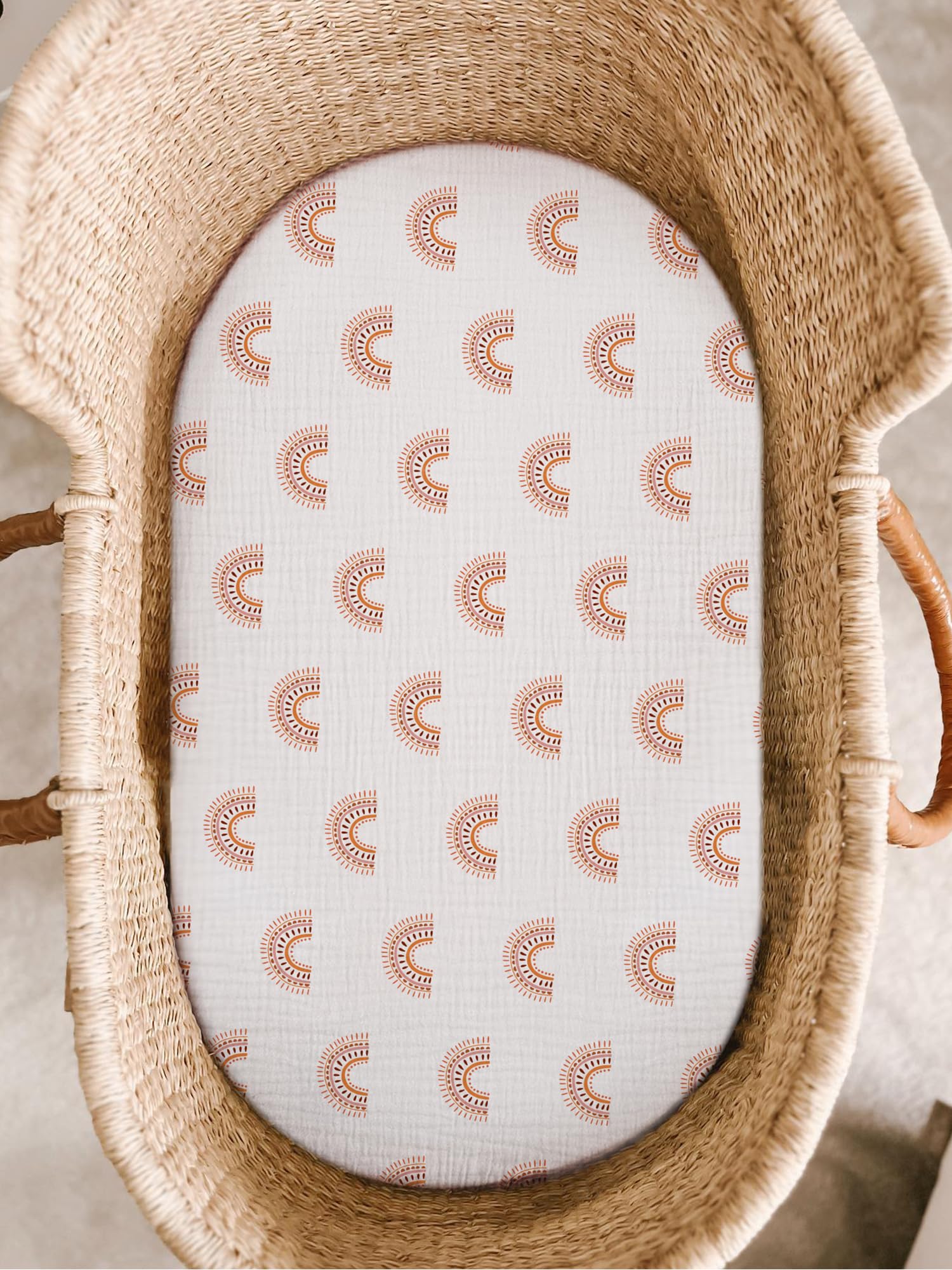 Meowcards muslin oval-fit bassinet sheet with snug elastic bottom for secure sleep.