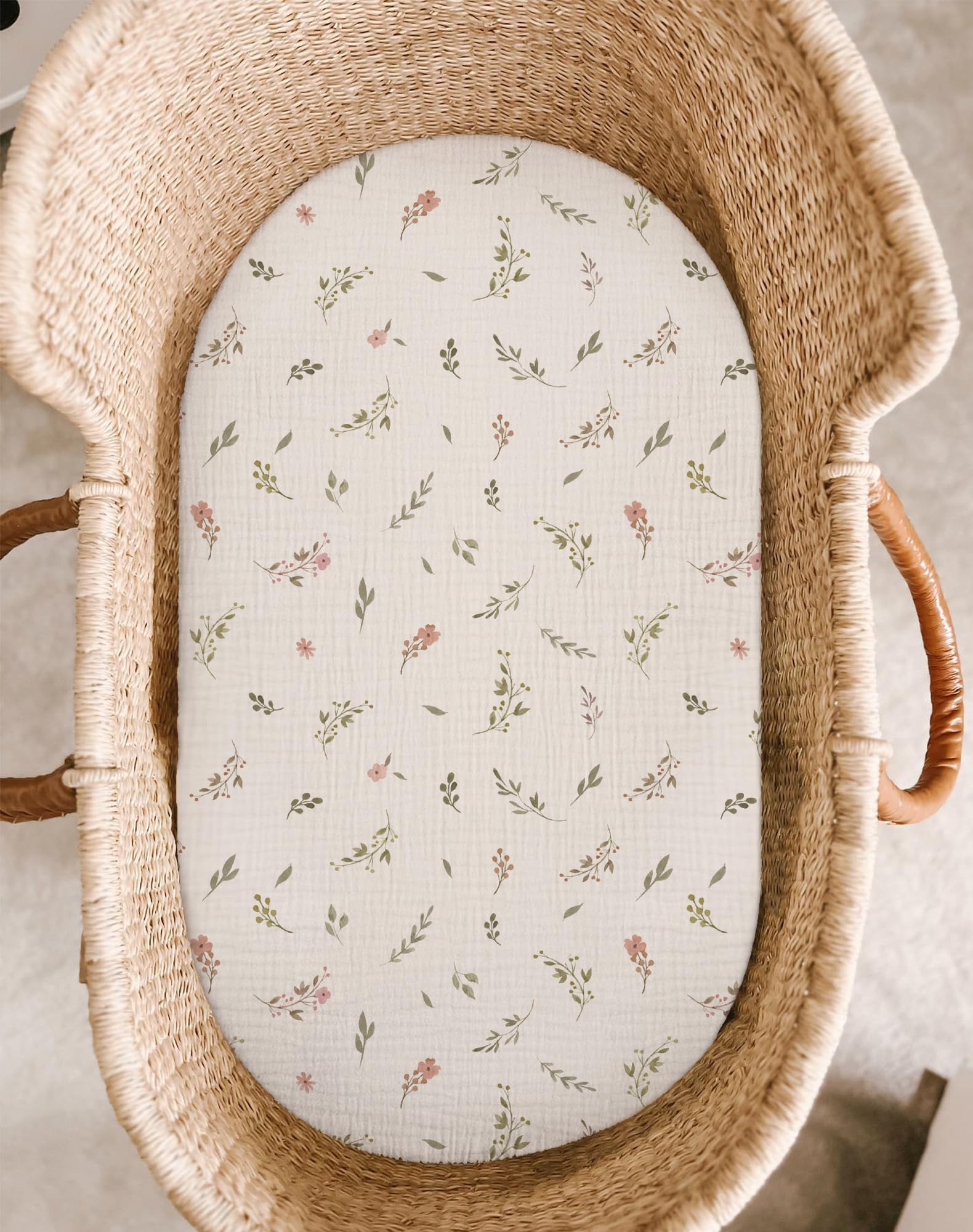 Meowcards bassinet sheet Petal Leaf Pink close-up shows breathable muslin for sensitive skin.
