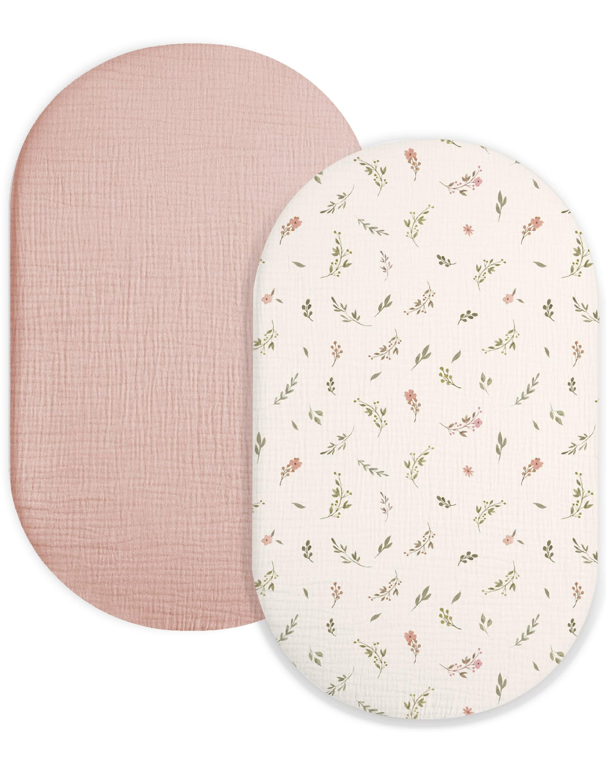 Meowcards bassinet sheet Petal Leaf Pink on soft muslin for gentle sleep.