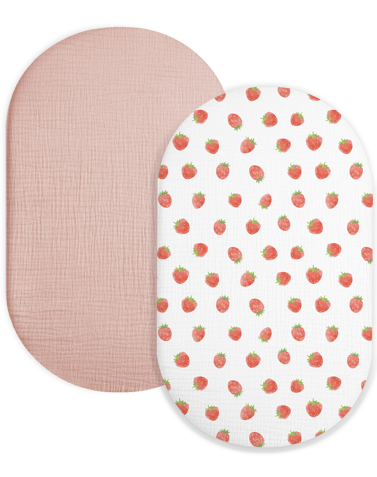 Meowcards bassinet sheet in strawberry and pale pink, soft muslin for gentle baby sleep.