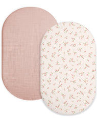 Meowcards bassinet sheet two-pack rosy rectangle fit, snug and safe for bassinets.