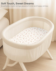 Rosy-pattern muslin fabric stays soft after washing for long-lasting baby comfort.