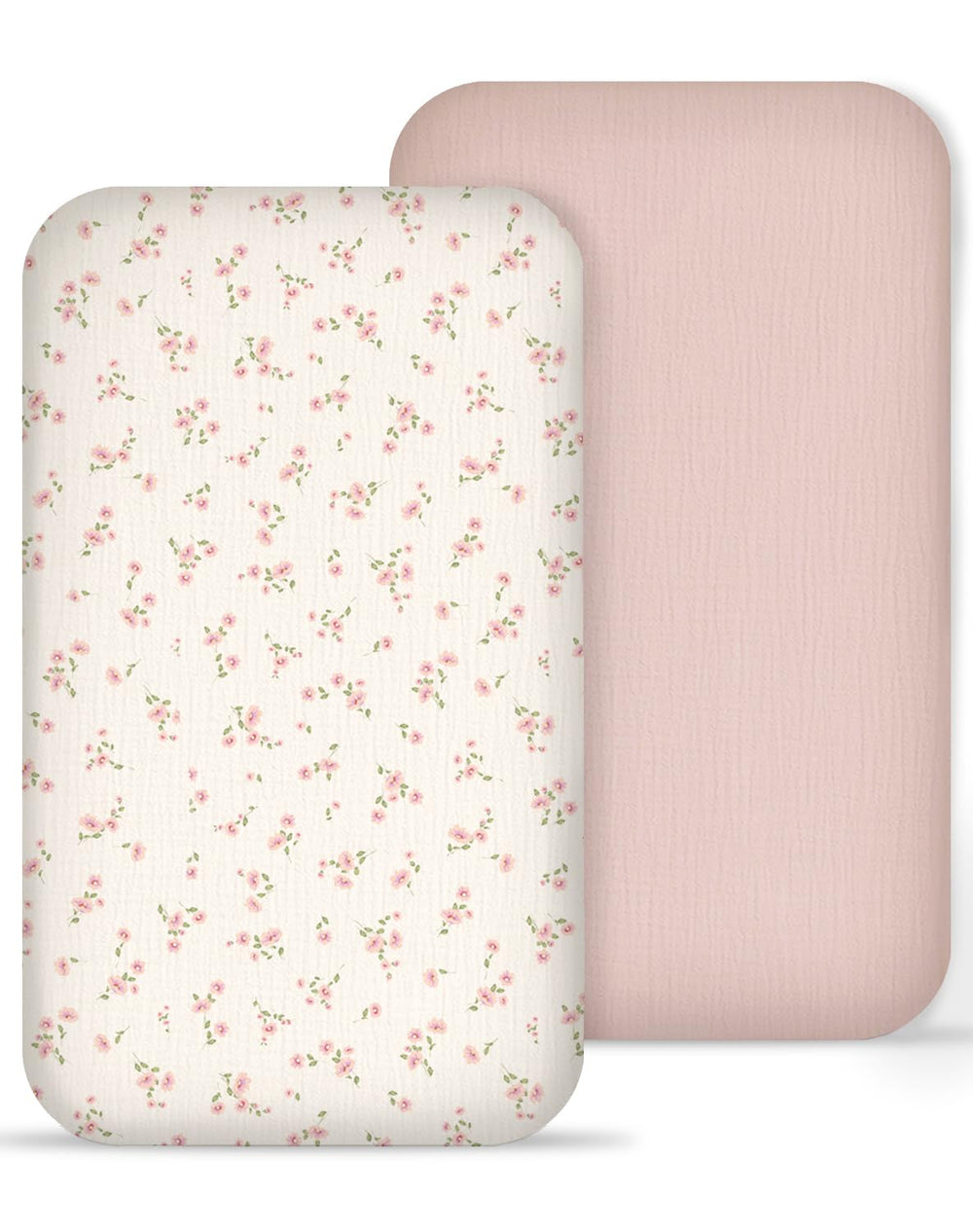 Meowcards muslin bassinet sheet in rosy pattern offering breathable, cozy comfort for newborn naps.