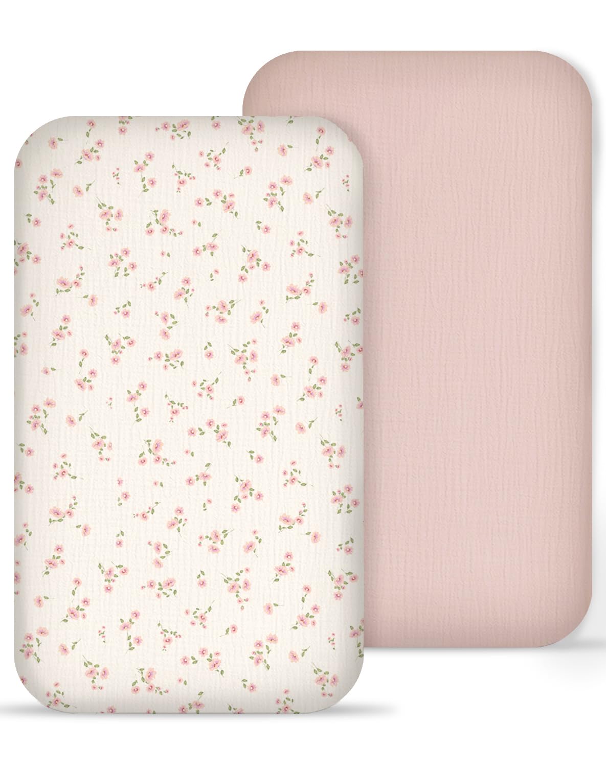 Meowcards muslin bassinet sheet in rosy pattern offering breathable, cozy comfort for newborn naps.