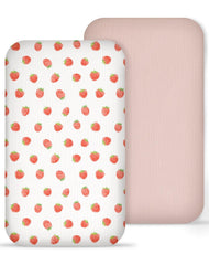 Meowcards muslin sheet front view in strawberry-pale pink for a calming nursery.