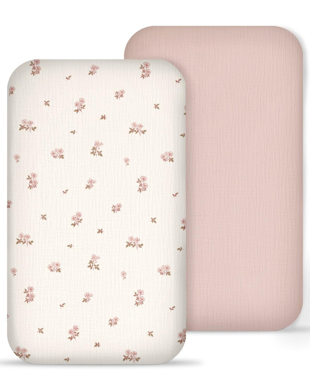 Meowcards muslin bedside bassinet sheets in vintage blossom pattern create a calming nursery look.