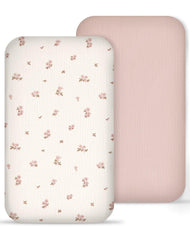 Meowcards muslin bedside bassinet sheets in vintage blossom pattern create a calming nursery look.