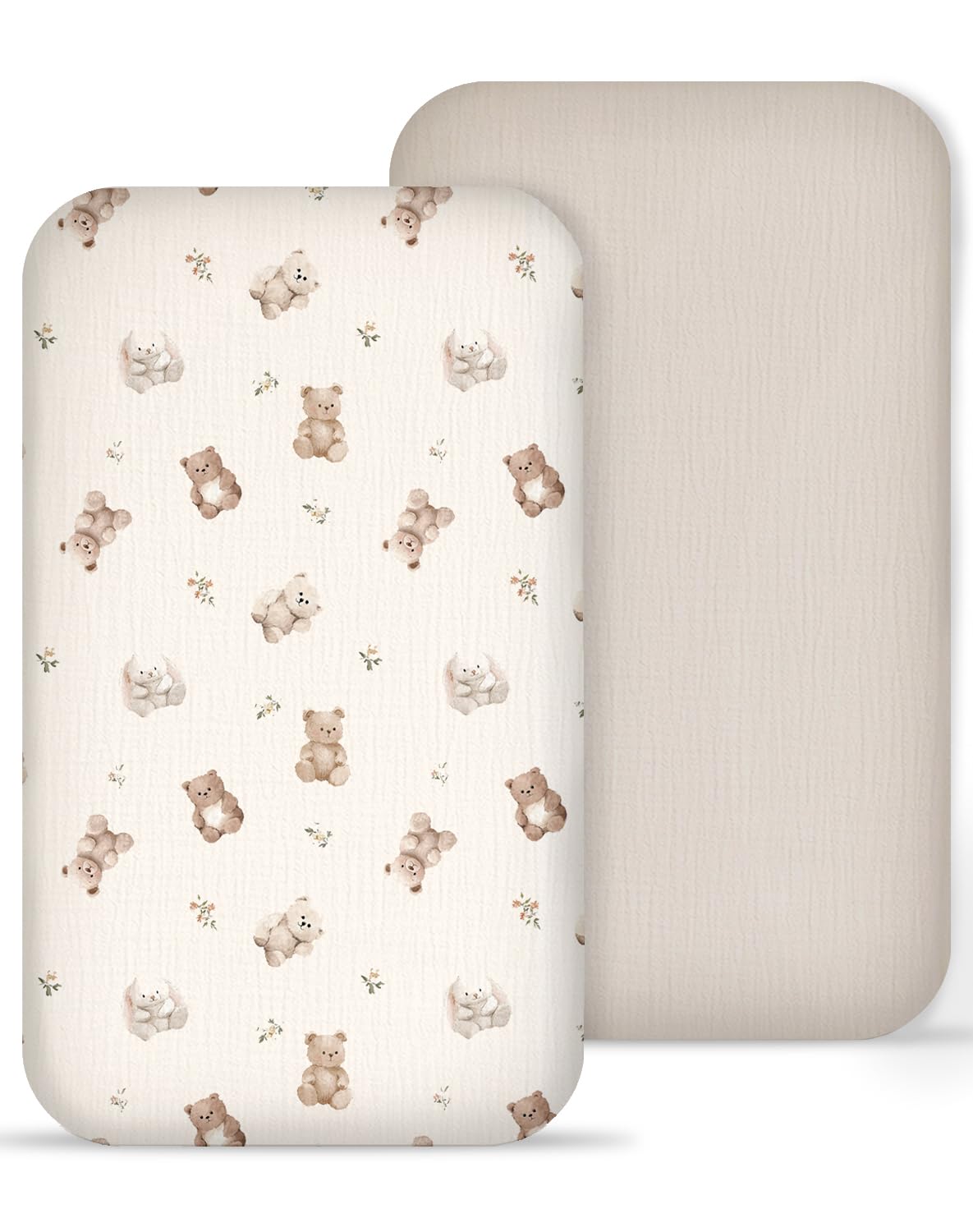 Meowcards muslin bedside bassinet sheets closeup show soft pattern for newborn comfort.
