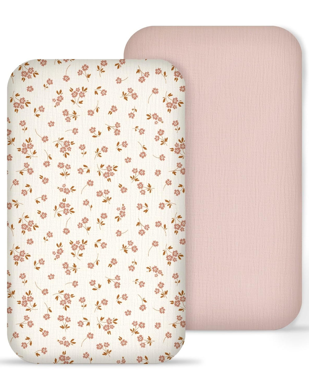 Meowcards muslin bedside sheets in floral pink offer gentle, breathable comfort for newborns.