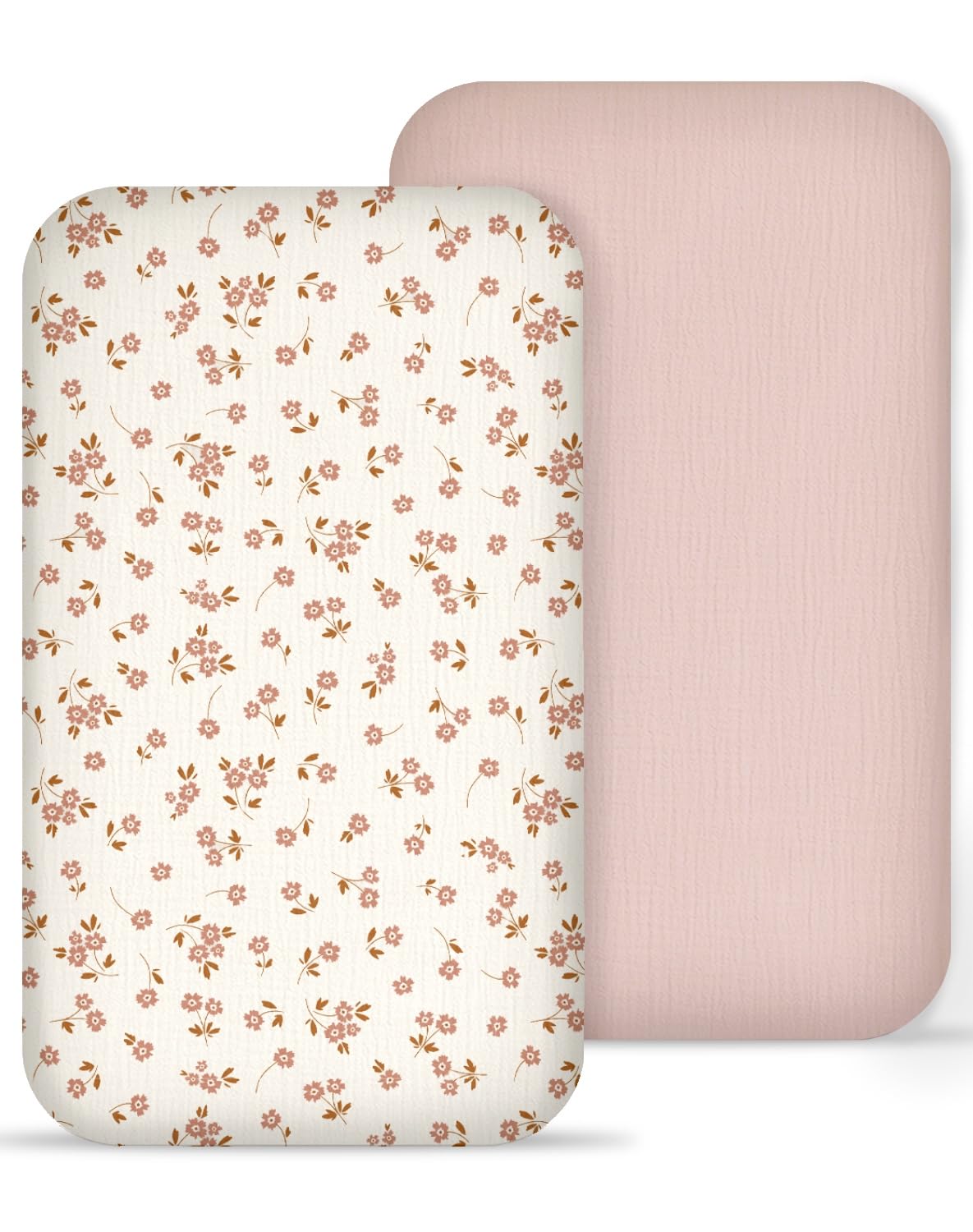 Meowcards muslin bedside sheets in floral pink offer gentle, breathable comfort for newborns.