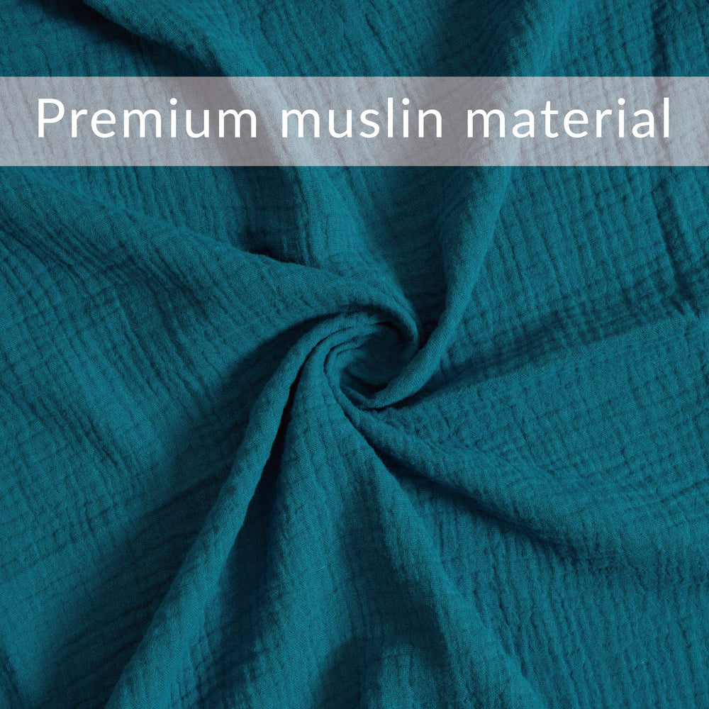 Meracorallo machine-washable muslin in teal simplifies laundry care.
