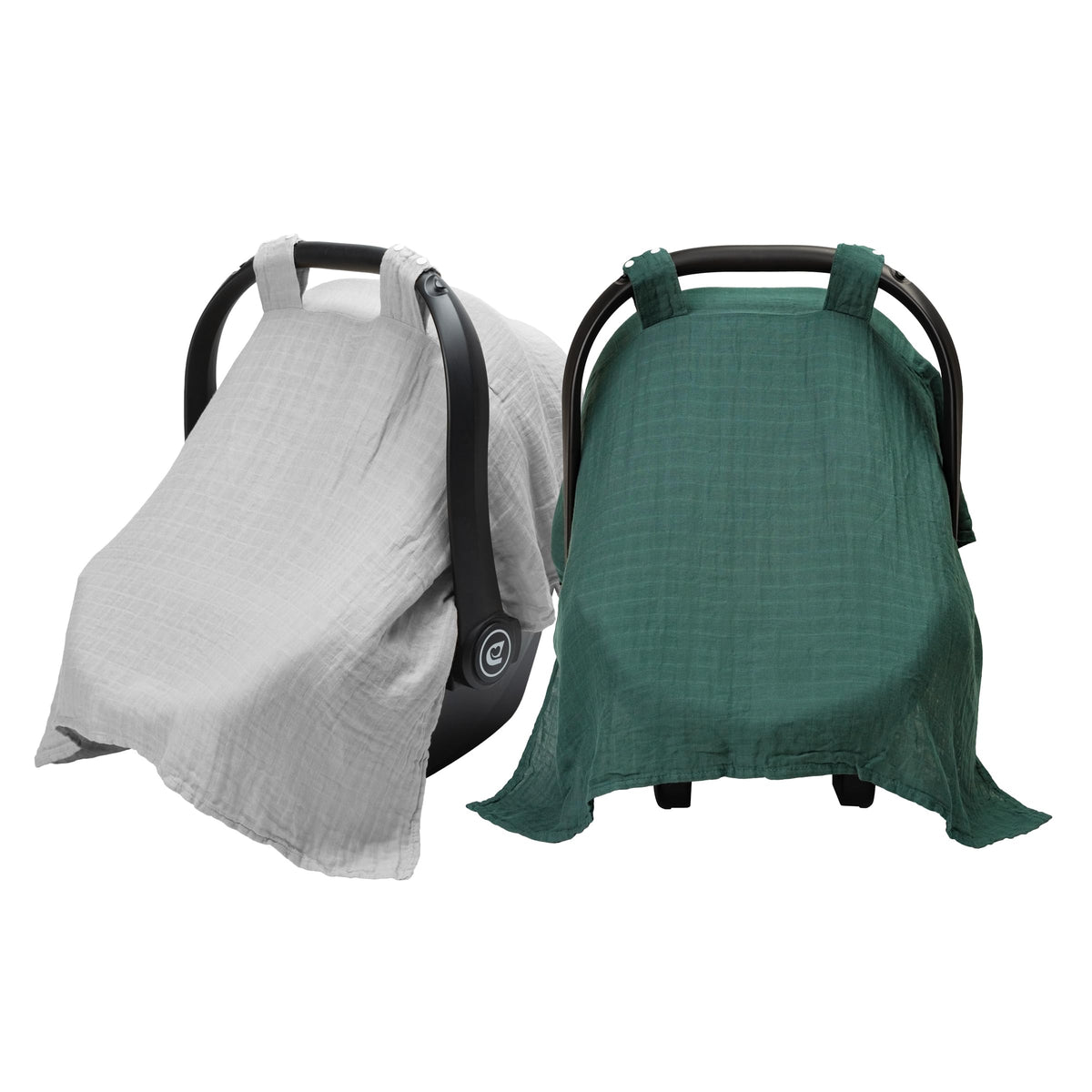 Meracorallo muslin car seat cover in green and gray shields sun and wind.