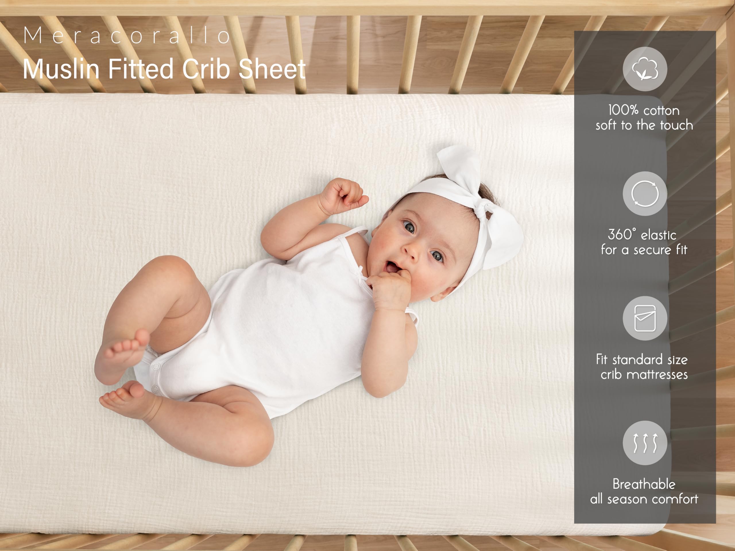 Meracorallo muslin crib sheet cream elastic edge demonstrating snug stay-put fit