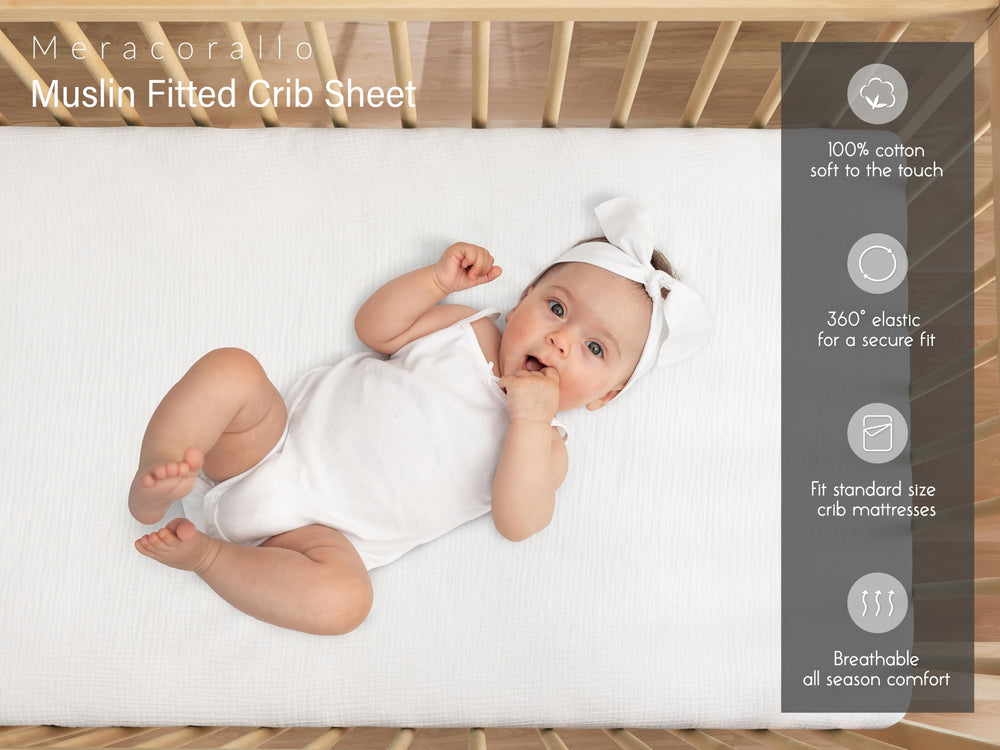 Meracorallo muslin crib sheet in use demonstrates a soft, breathable surface for naps.