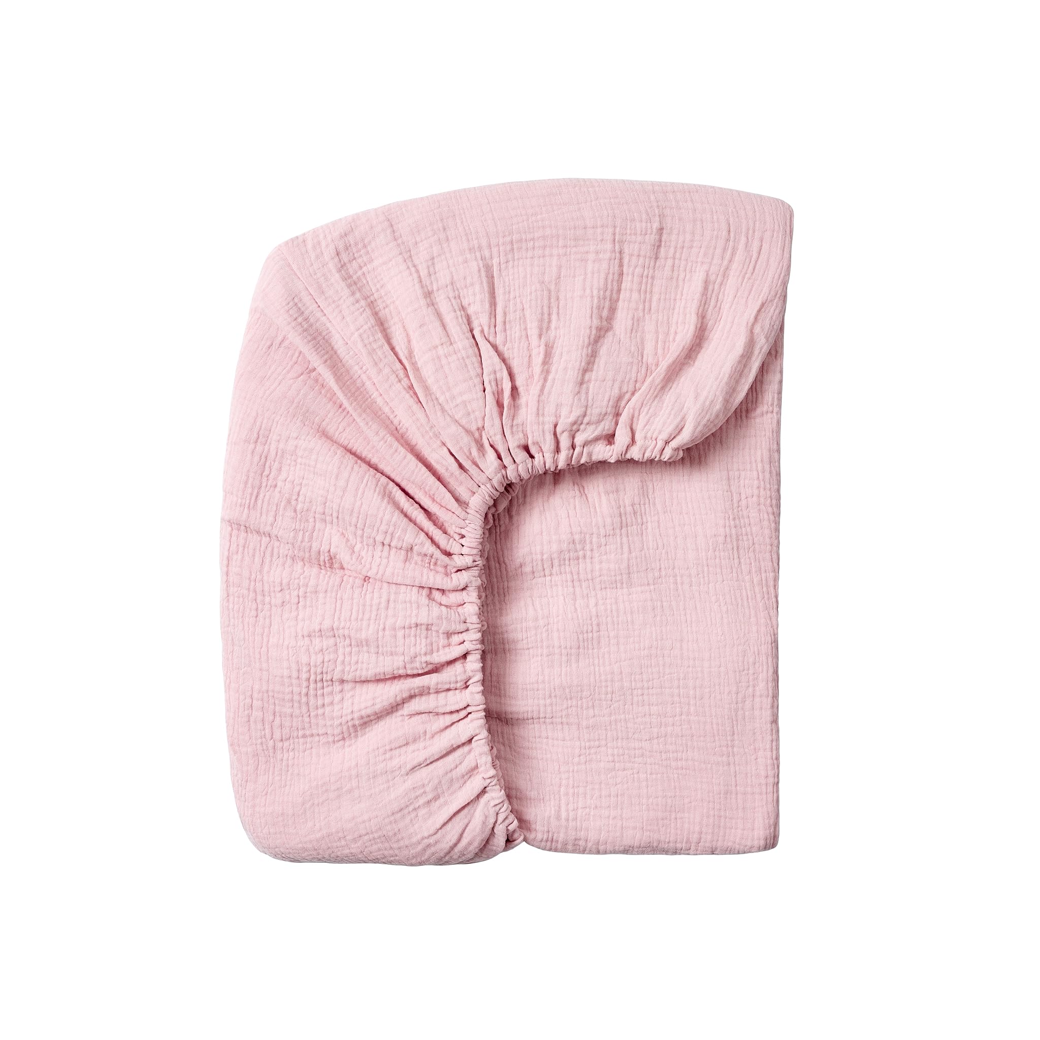 Meracorallo muslin crib sheet pink close-up fabric shows breathable cotton softness.