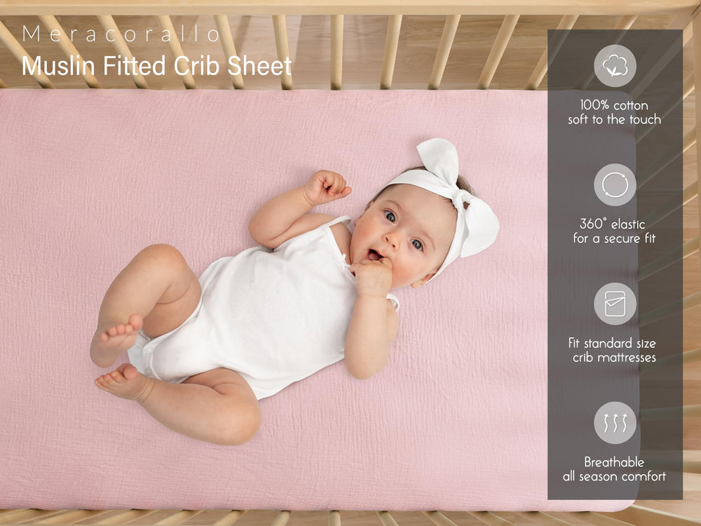 Meracorallo muslin crib sheet pink deep pocket fits up to 9 inches.