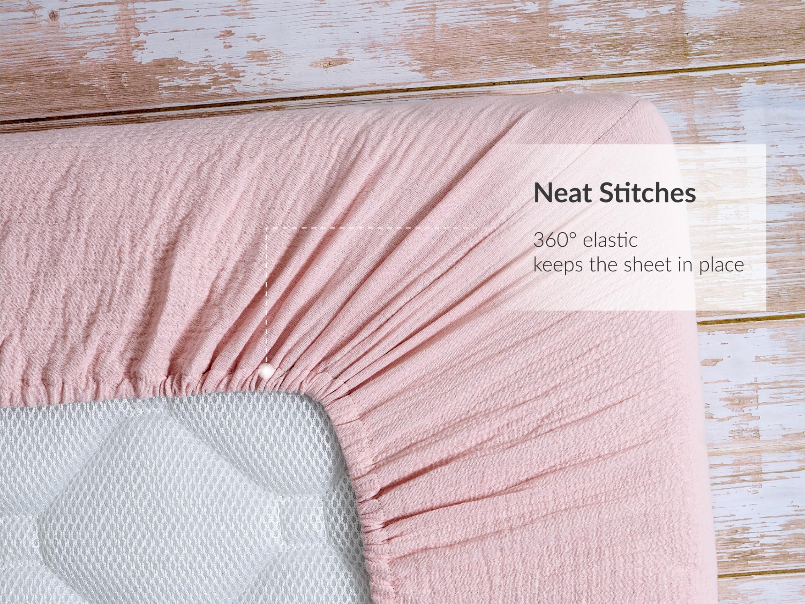 Meracorallo muslin crib sheet pink easy care—machine wash cold.
