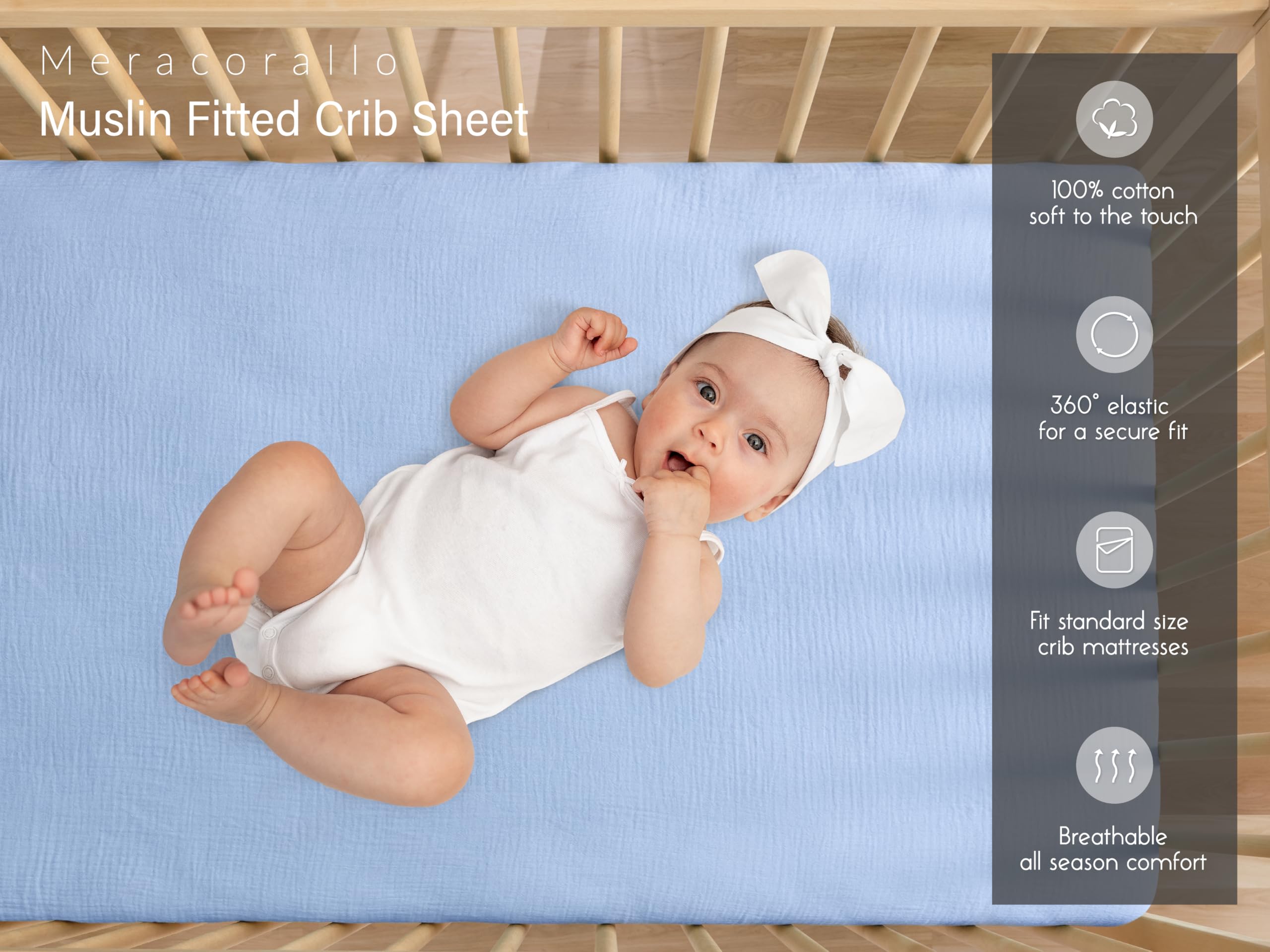 Meracorallo muslin crib sheet with secure elastic band for easy changes.