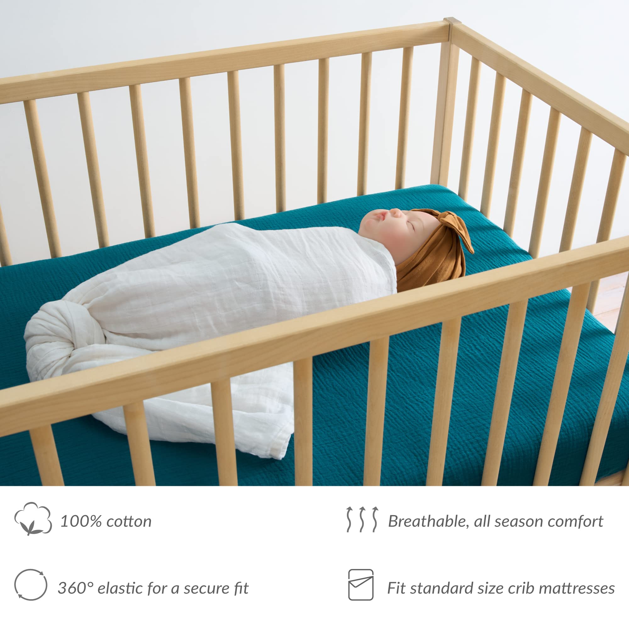 Meracorallo teal muslin crib sheet with elastic edges for secure fit