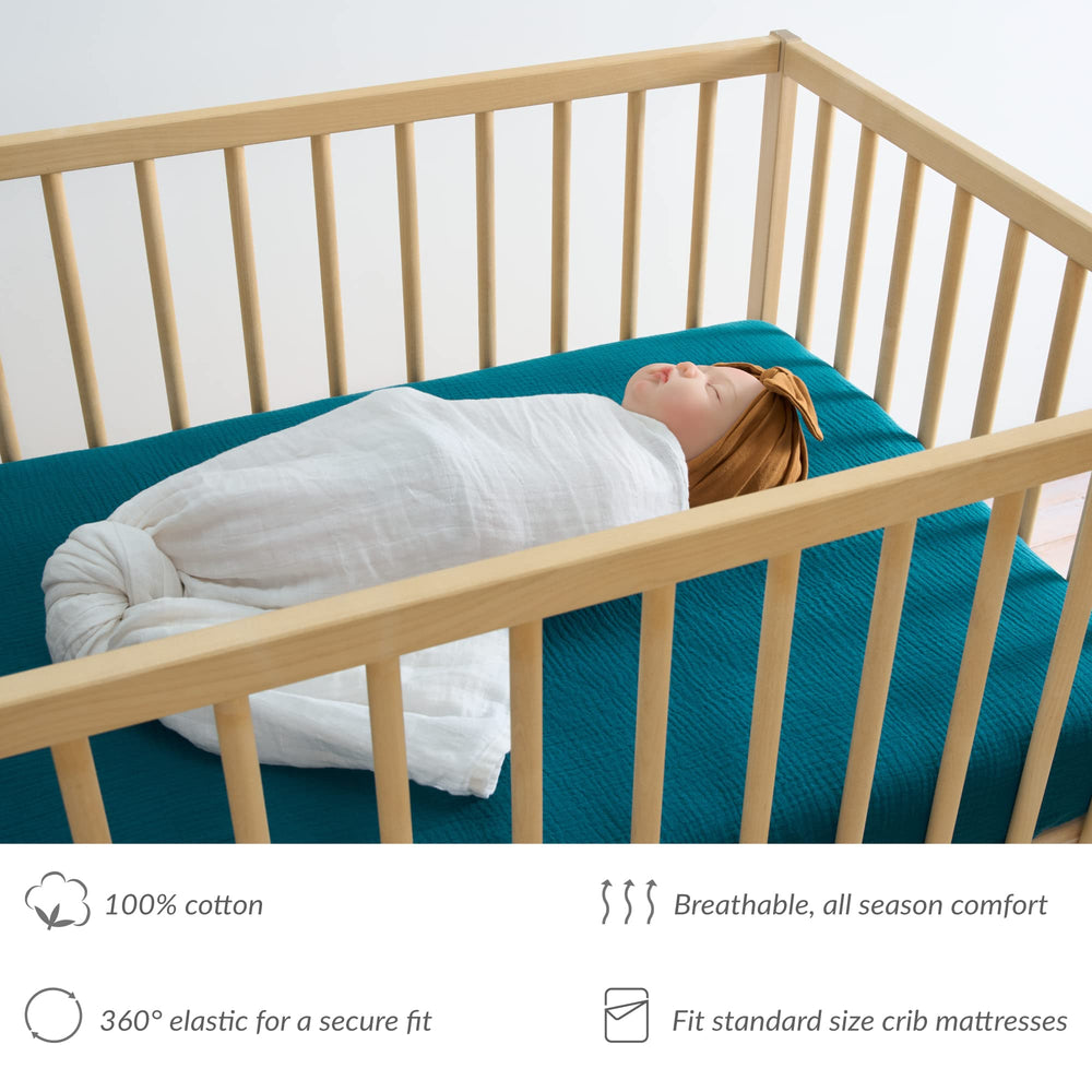 Meracorallo teal muslin crib sheet with elastic edges for secure fit