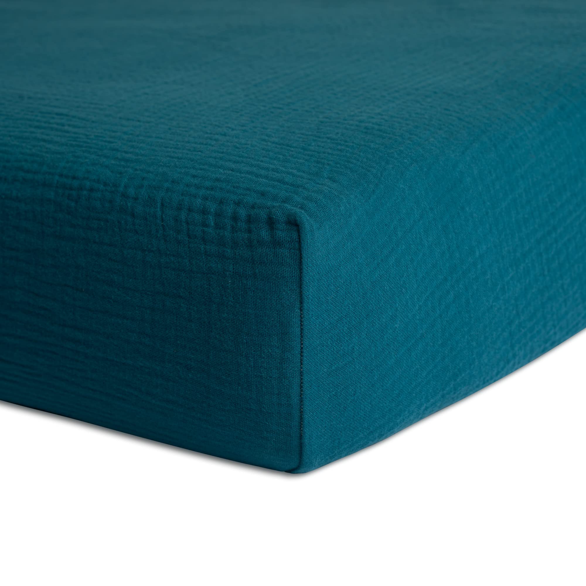 Meracorallo teal muslin crib sheet offers breathable, soft fabric for baby sleep