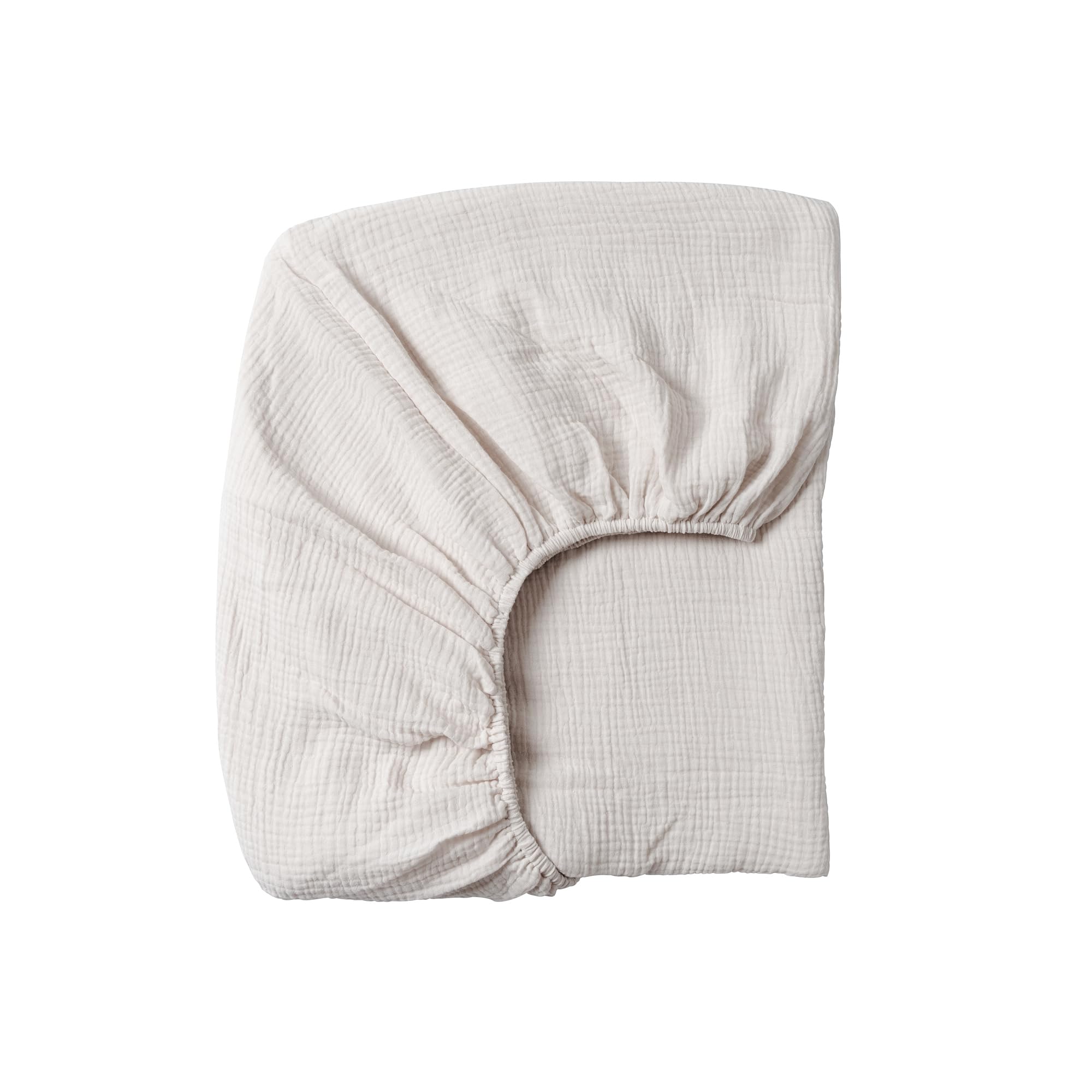 Meracorallo muslin fitted crib sheet fog, front view showing snug fit for standard cribs.