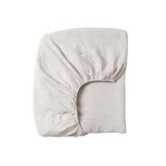 Meracorallo muslin fitted crib sheet fog, front view showing snug fit for standard cribs.