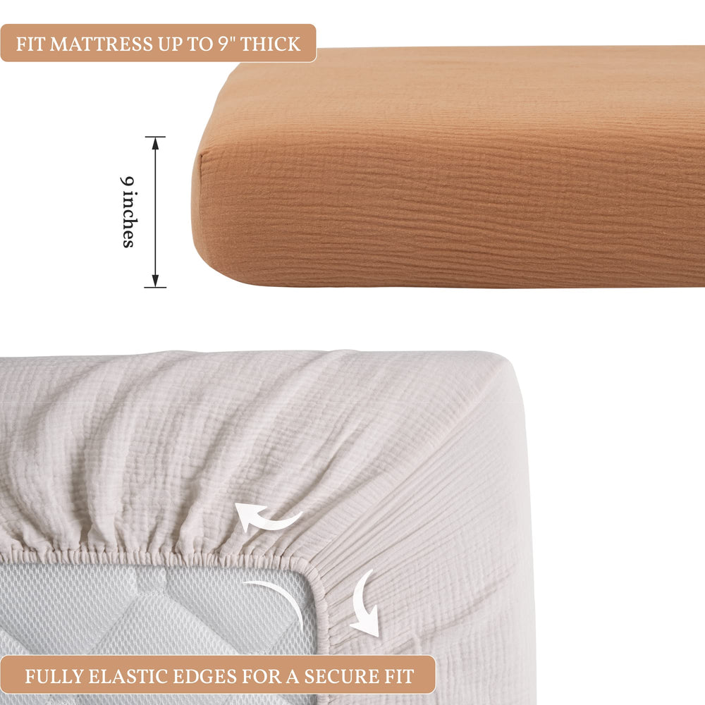 Meracorallo muslin fitted crib sheet fog, mattress inside with elastic edges for secure stay-put fit.