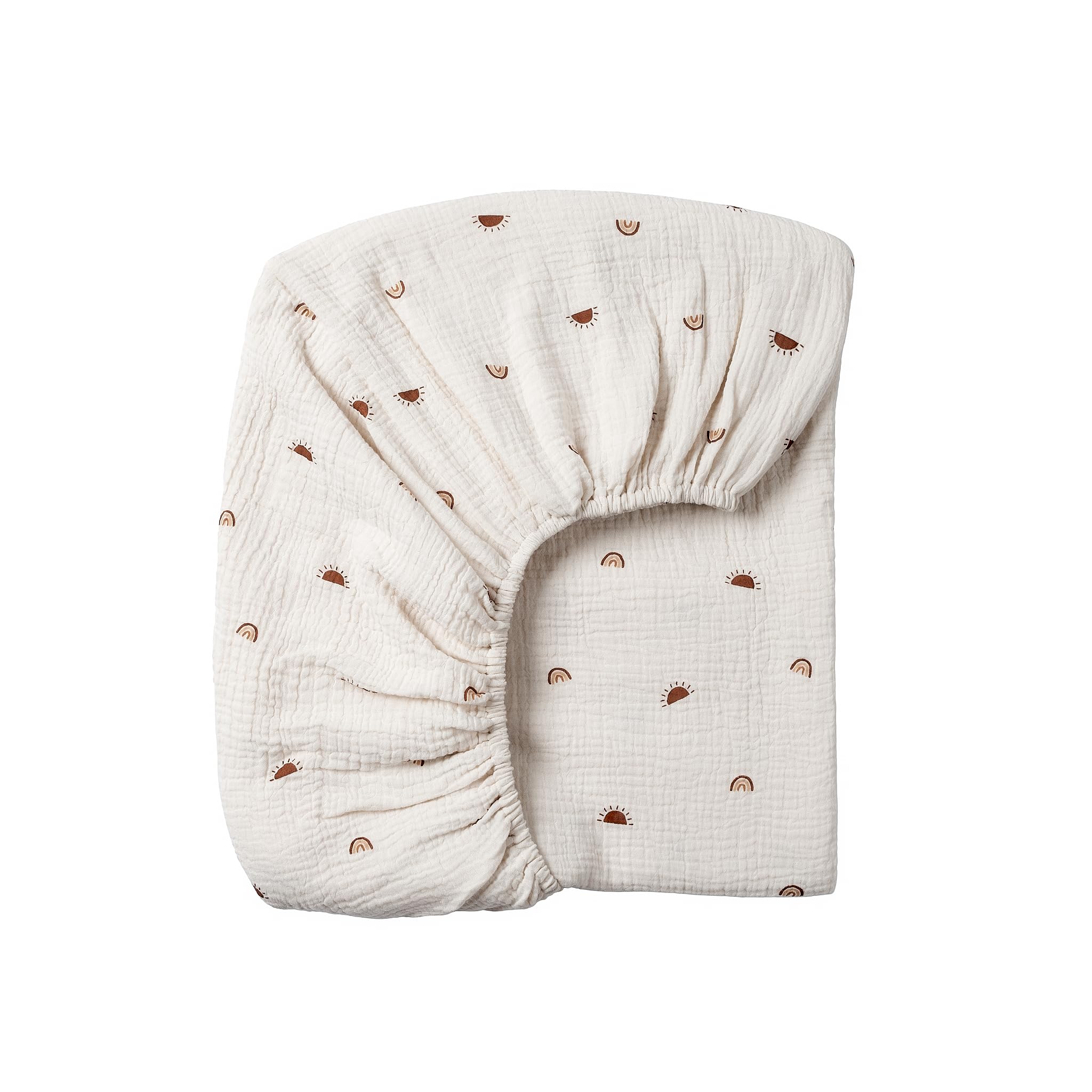 Meracorallo sun rainbow muslin crib sheet provides soft, breathable comfort.