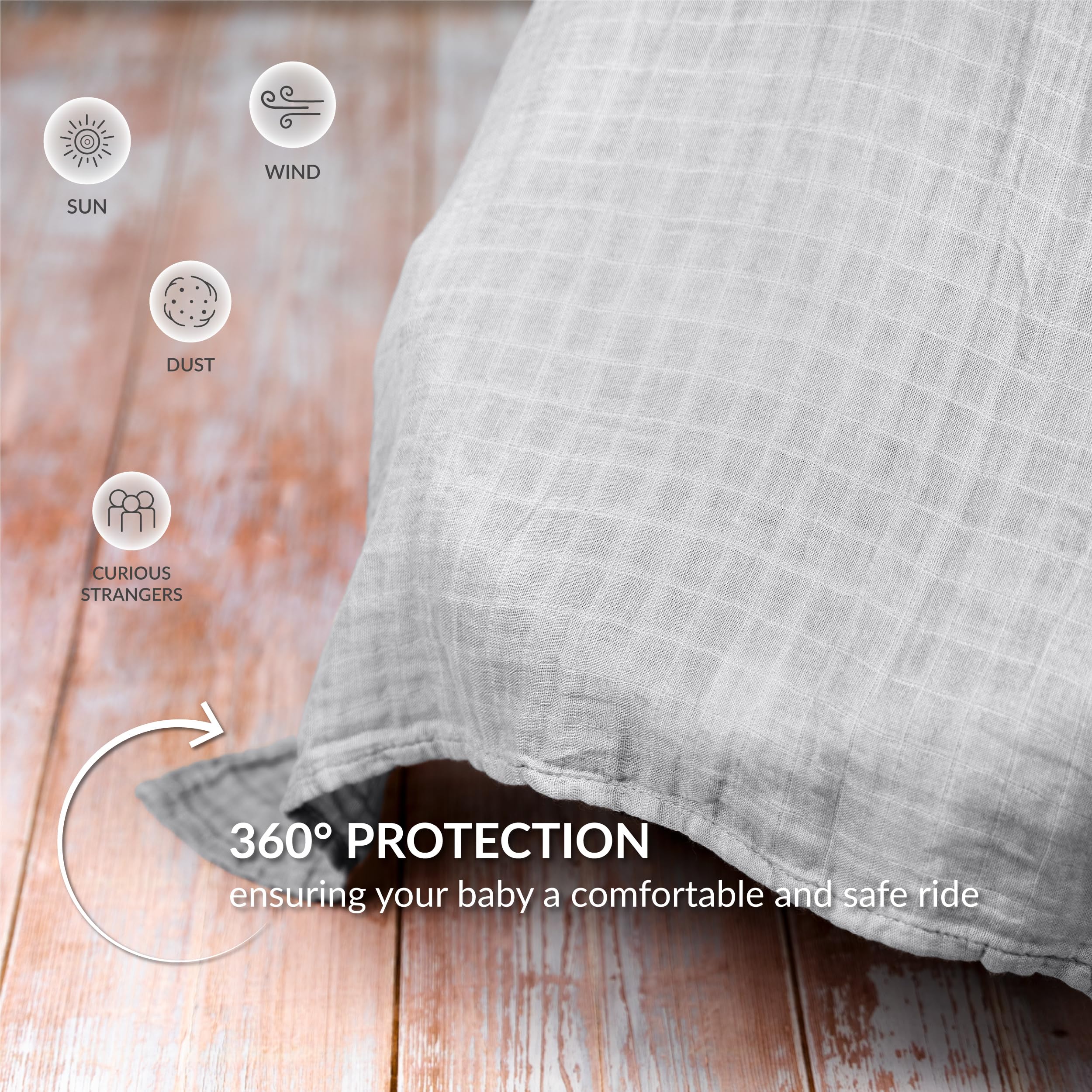 Meracorallo muslin canopy keeps baby cool on hot days outdoors.
