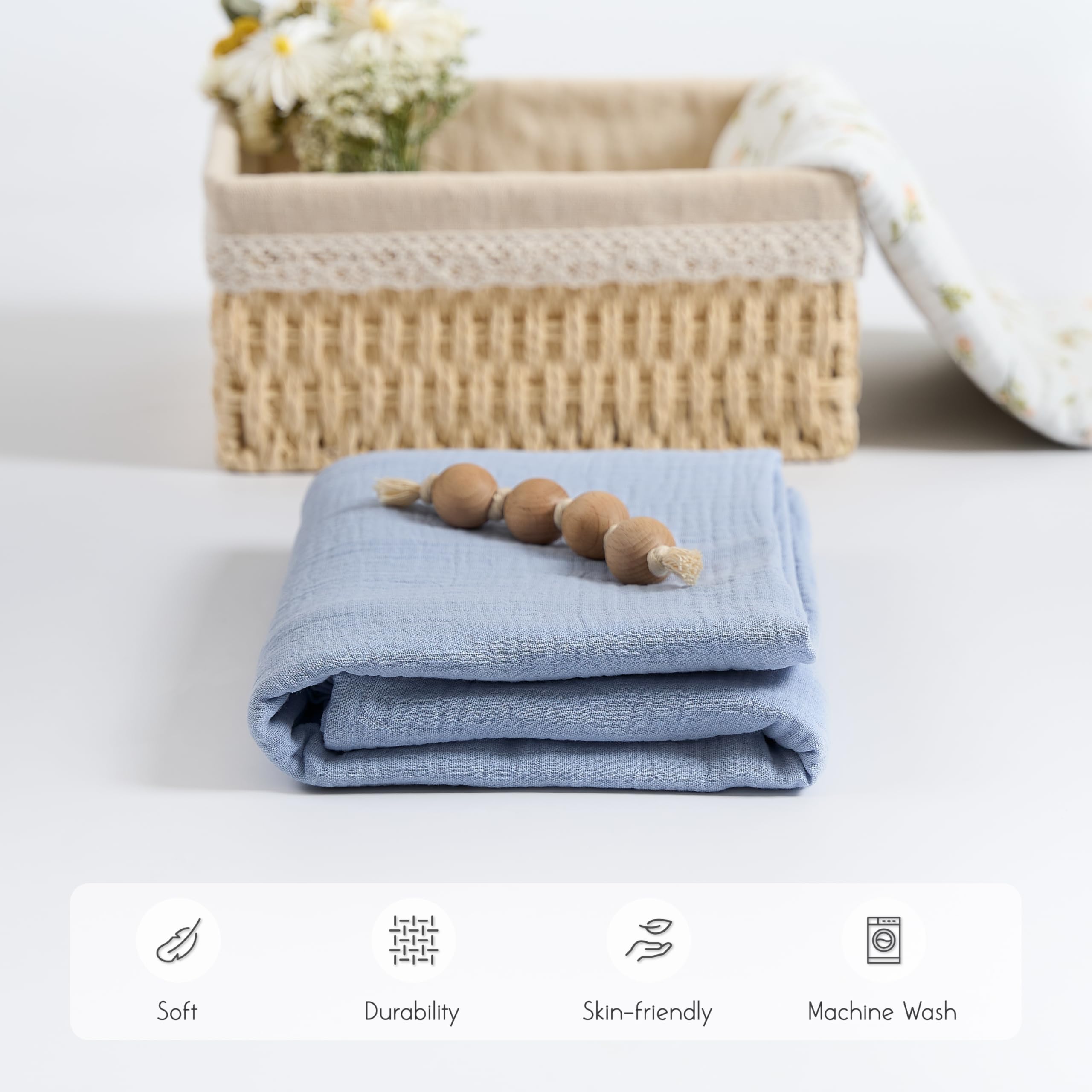 Meracorallo Muslin Swaddle Blanket multi-use design suits swaddling, burping, and stroller breaks.