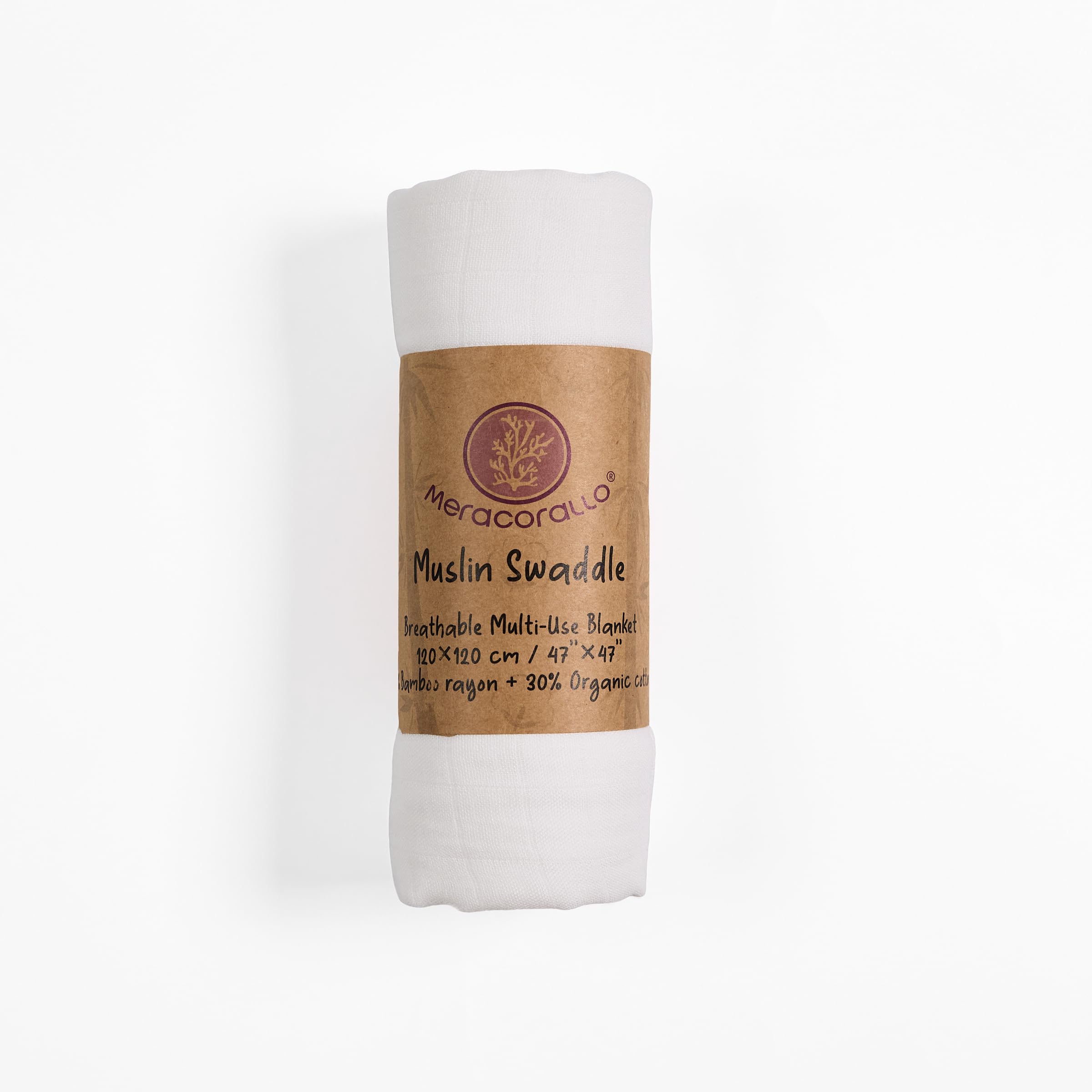Meracorallo swaddle blanket laid flat at 47x47 inches for generous swaddling.