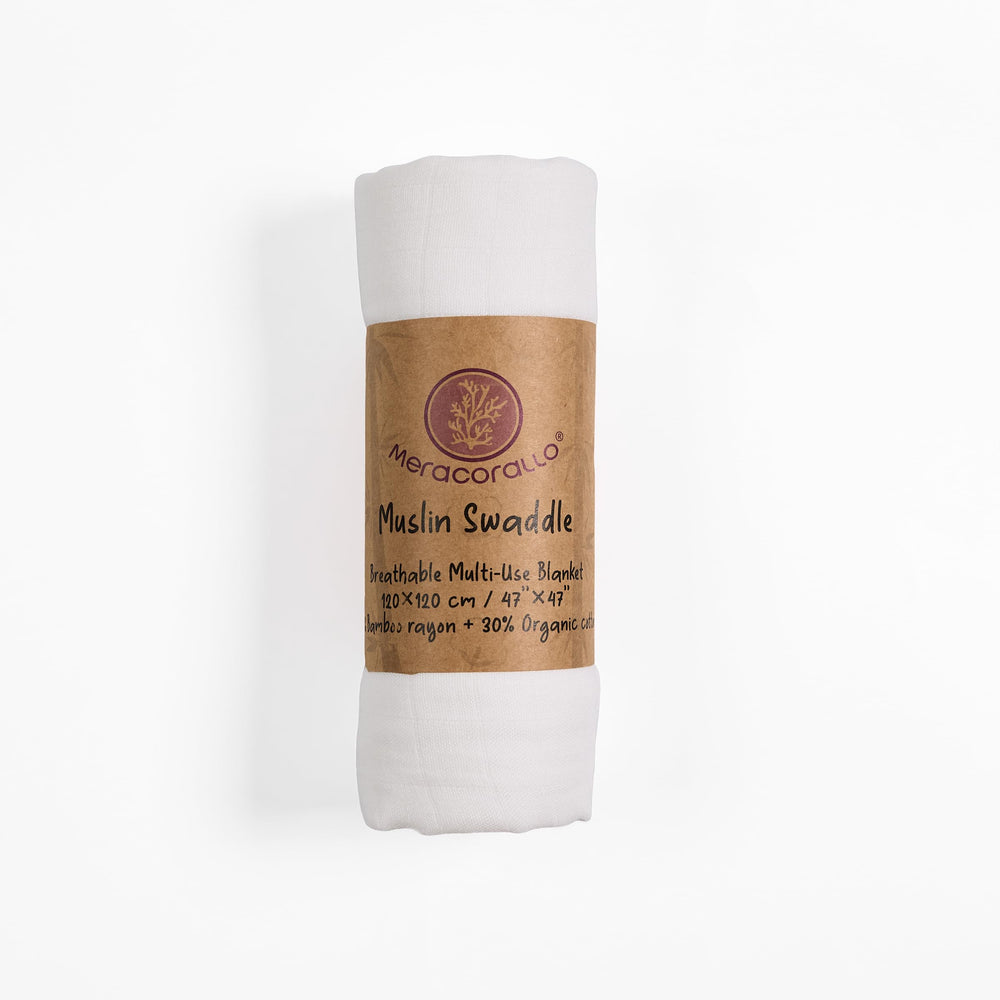 Meracorallo swaddle blanket laid flat at 47x47 inches for generous swaddling.