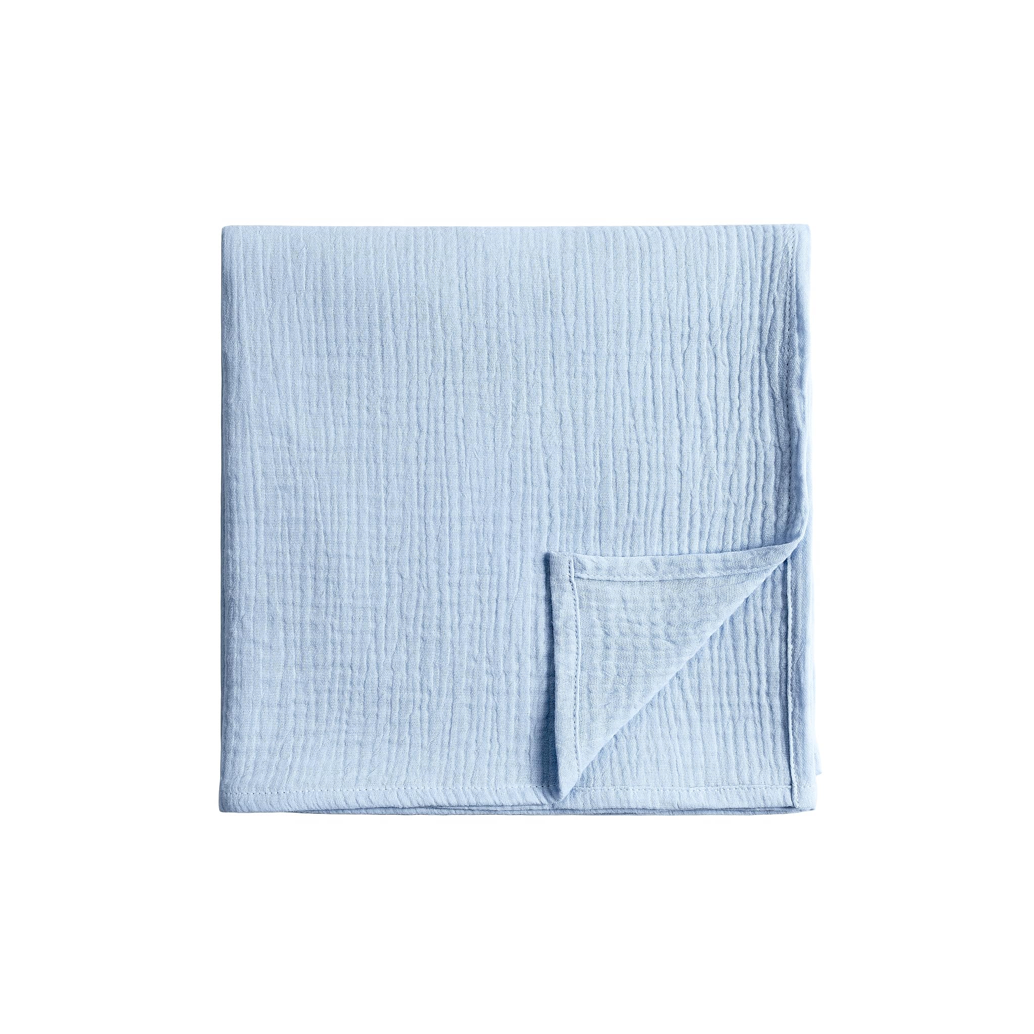 Meracorallo Muslin Swaddle Blanket laid flat in sky blue, breathable 100% cotton fabric.