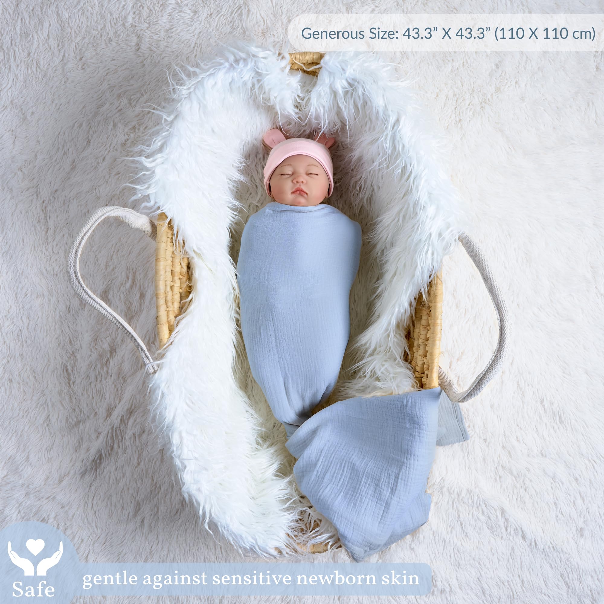 Meracorallo swaddle blanket softly draped over crib, highlighting gentle cotton texture.