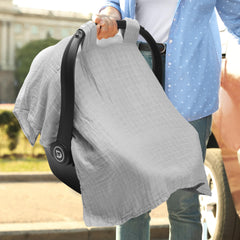 Meracorallo muslin canopy fits most car seats with a secure 45 by 35 inches cover.