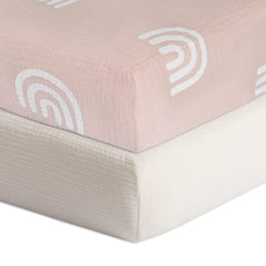 Meracorallo Rainbow Fog crib sheet folded, showcasing soft, breathable muslin for baby comfort.