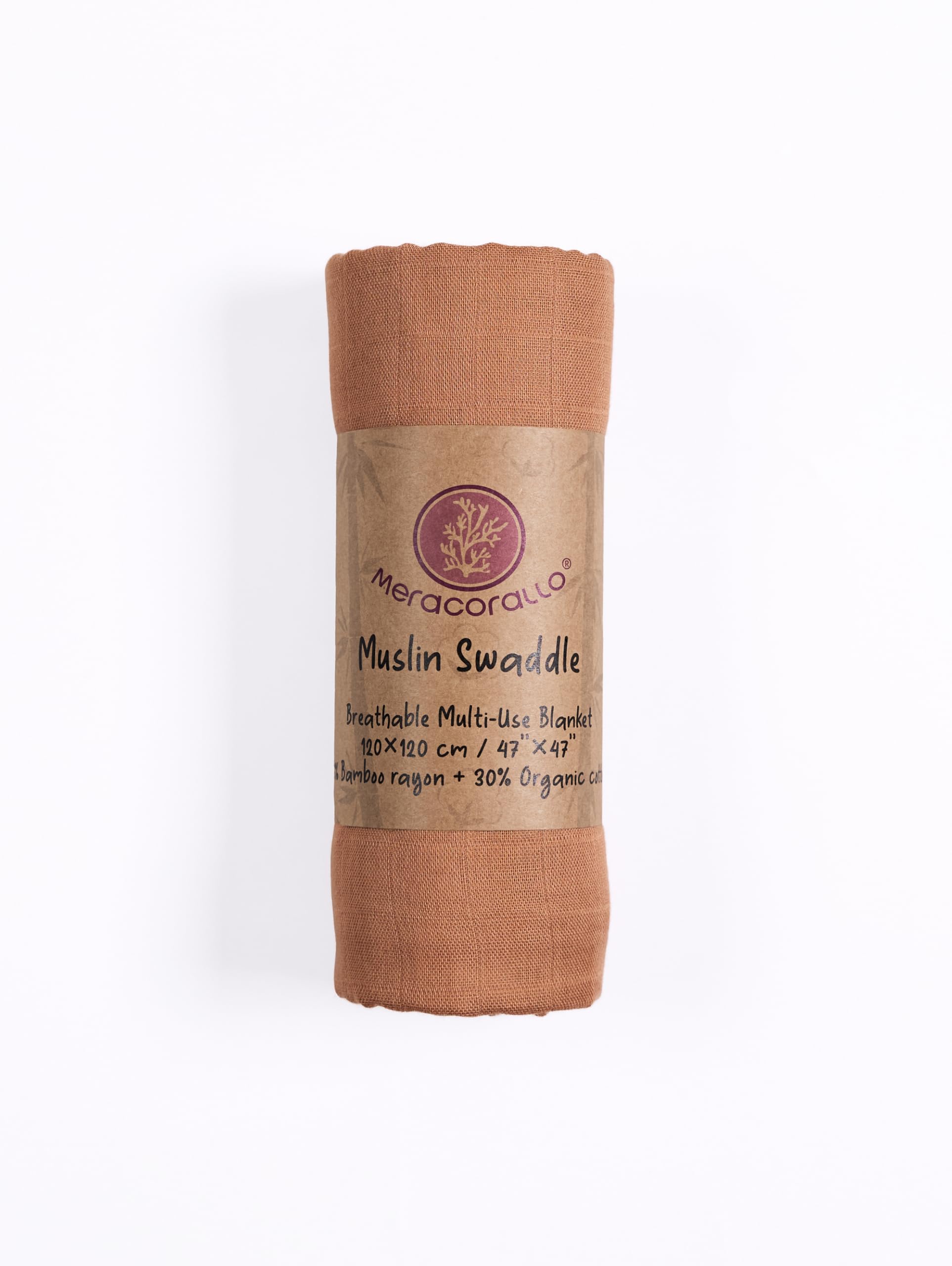 Meracorallo camel swaddle fabric close-up shows silky-soft bamboo-cotton blend.